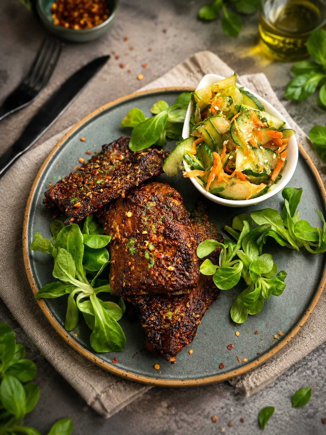 Żeberka teriyaki z surówką z ogórka i sezamu