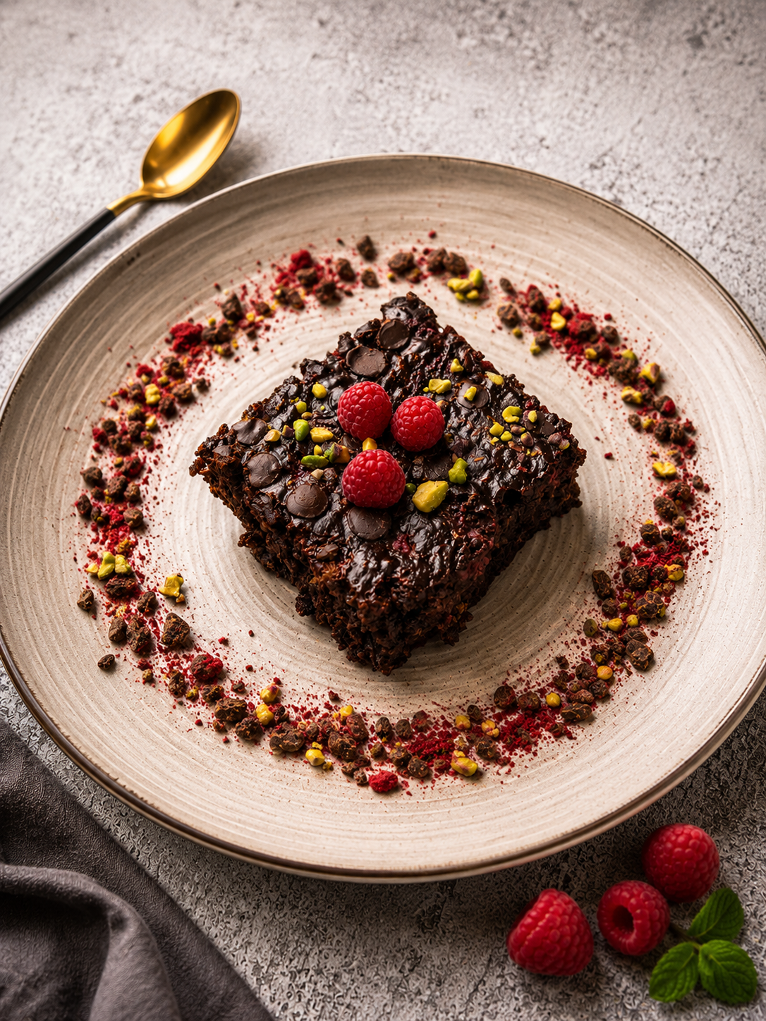 Pieczona owsianka brownie z malinami