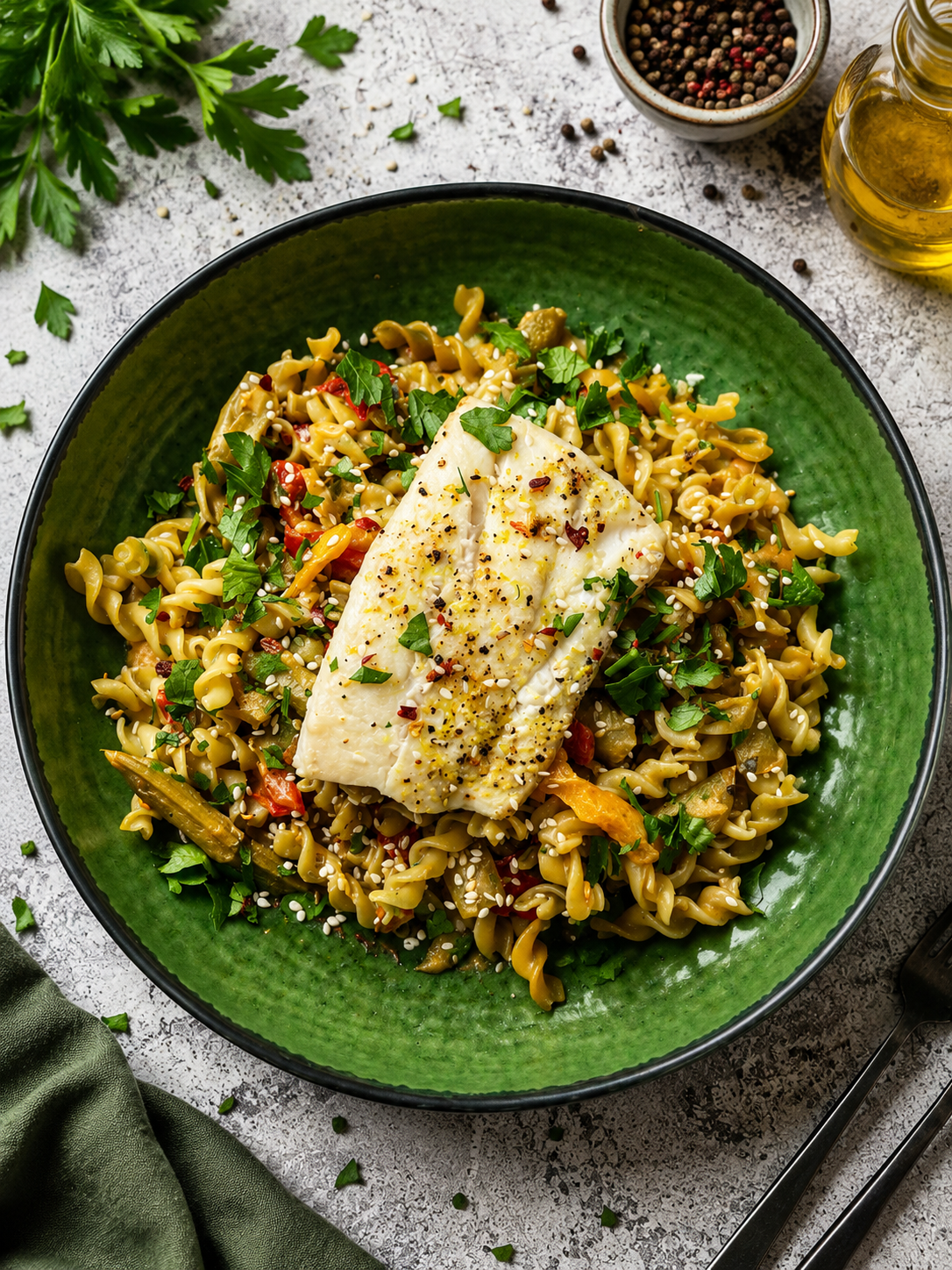 Makaron z groszku w stylu tajskim curry z dorszem i warzywami