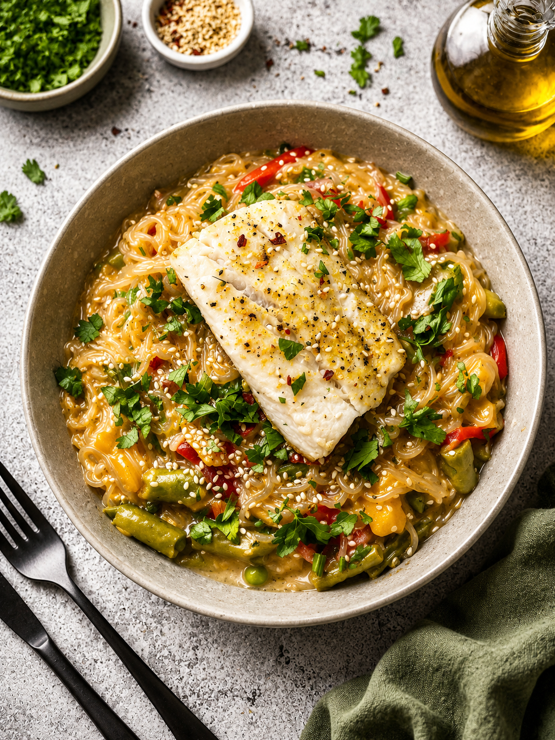 Tajski makaron konjac curry z warzywami, dorszem i nerkowcami