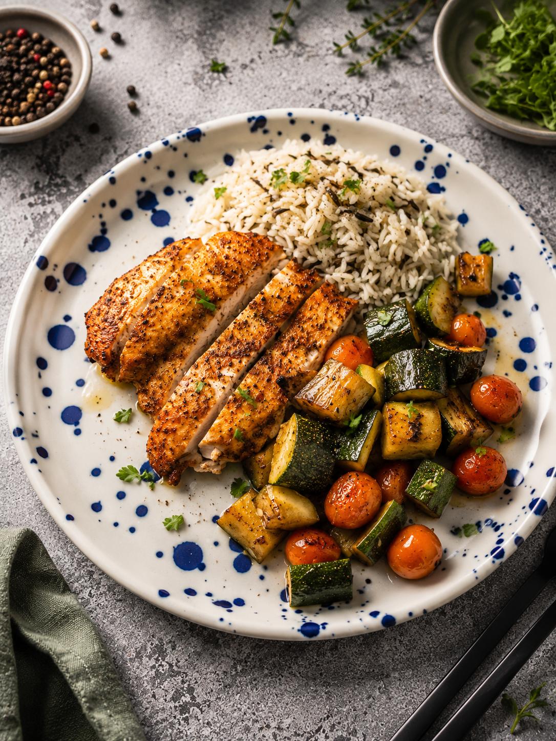 Grillowany kurczak z cukinią i marchewką podany z ryżem dzikim z parboiled