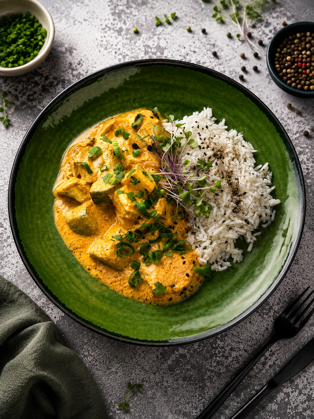 Kurczak w jogurtowym sosie curry z cukinią / ryż basmati