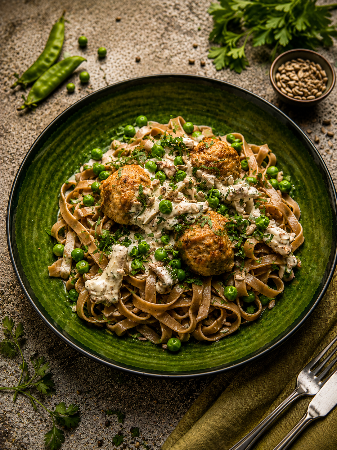 Tagliatelle z pulpecikami w sosie kurkowym i groszkiem
