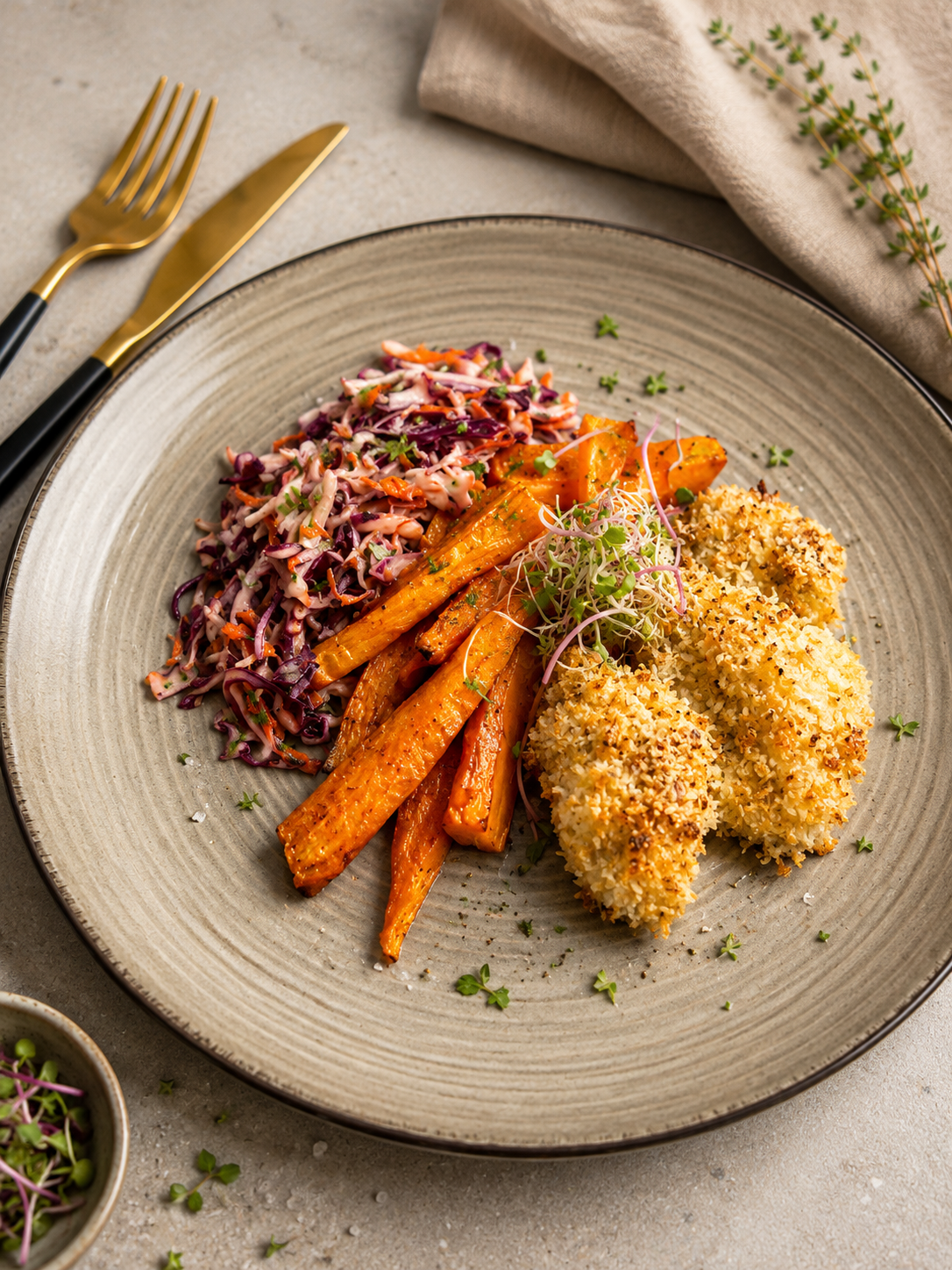 Nuggetsy z kurczaka w panko podane z frytkami z batatów i surówką coleslaw