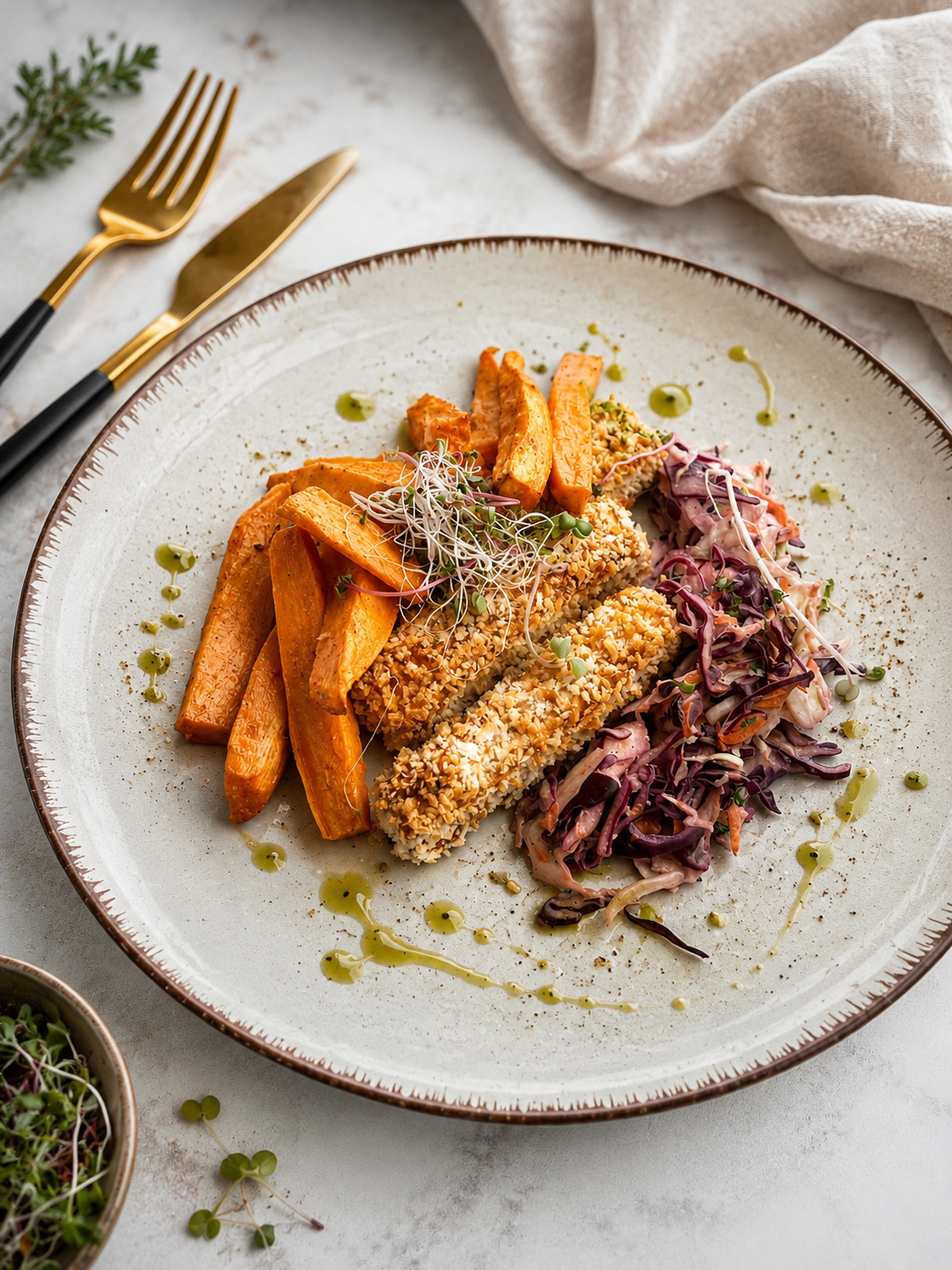 Wege nuggetsy z tofu w panko podane z frytkami z batatów i surówką coleslaw