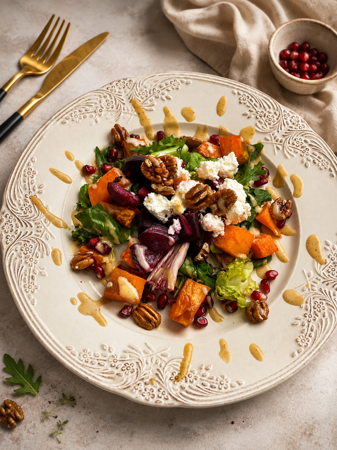 Sałatka z pieczonych buraków i batatów z fetą i pekanami / dressing z tahini