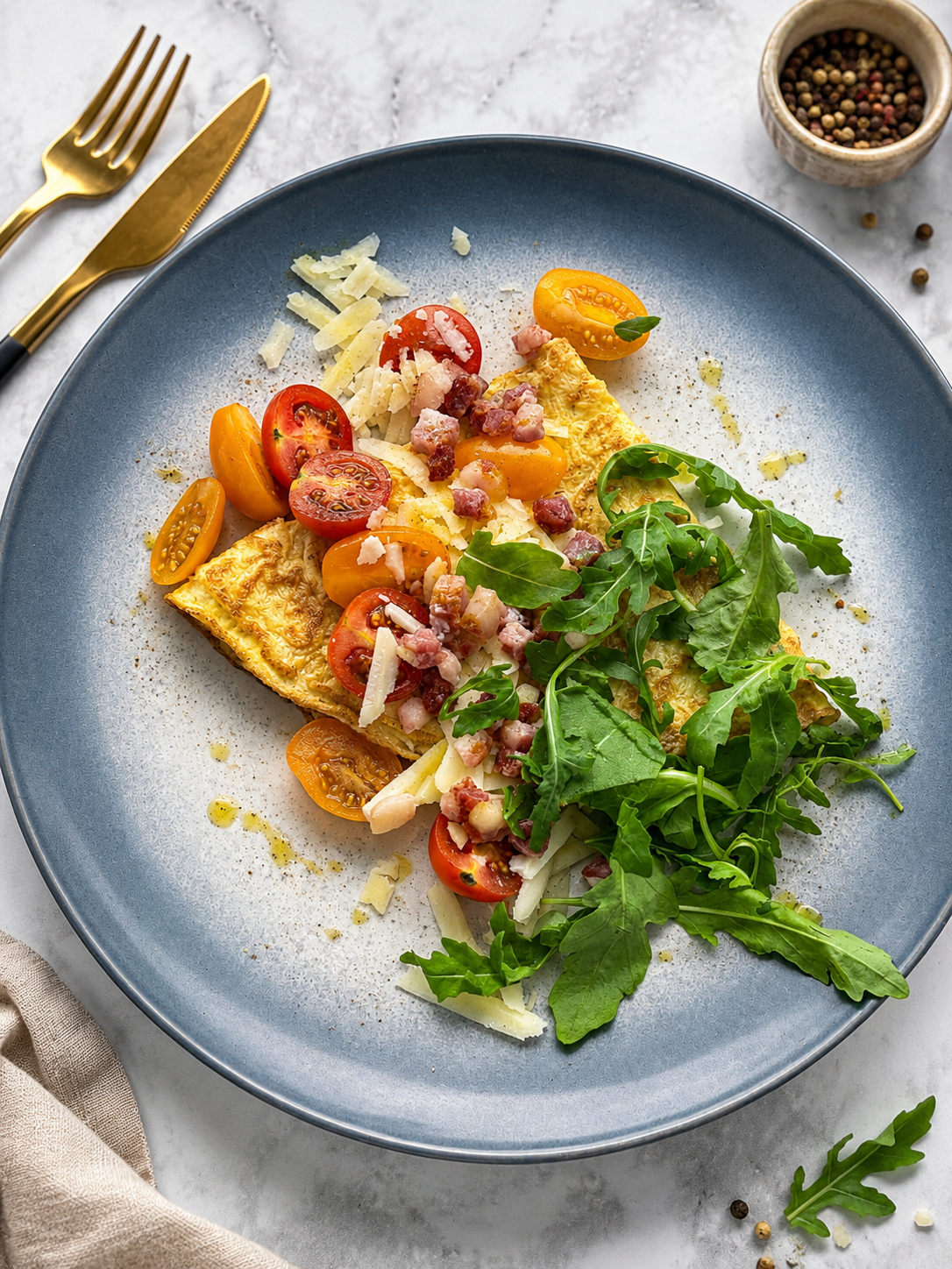 Maślany omlet francuski z serem Pecorino Romano i pancettą
