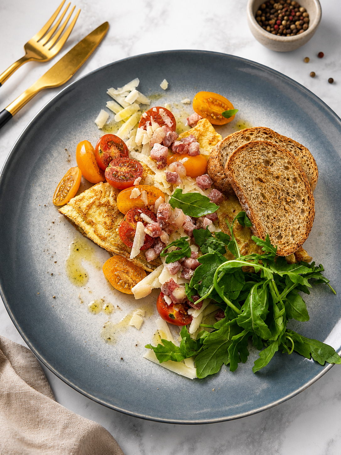 Maślany omlet francuski z serem Pecorino Romano i pancettą / grahamka tost