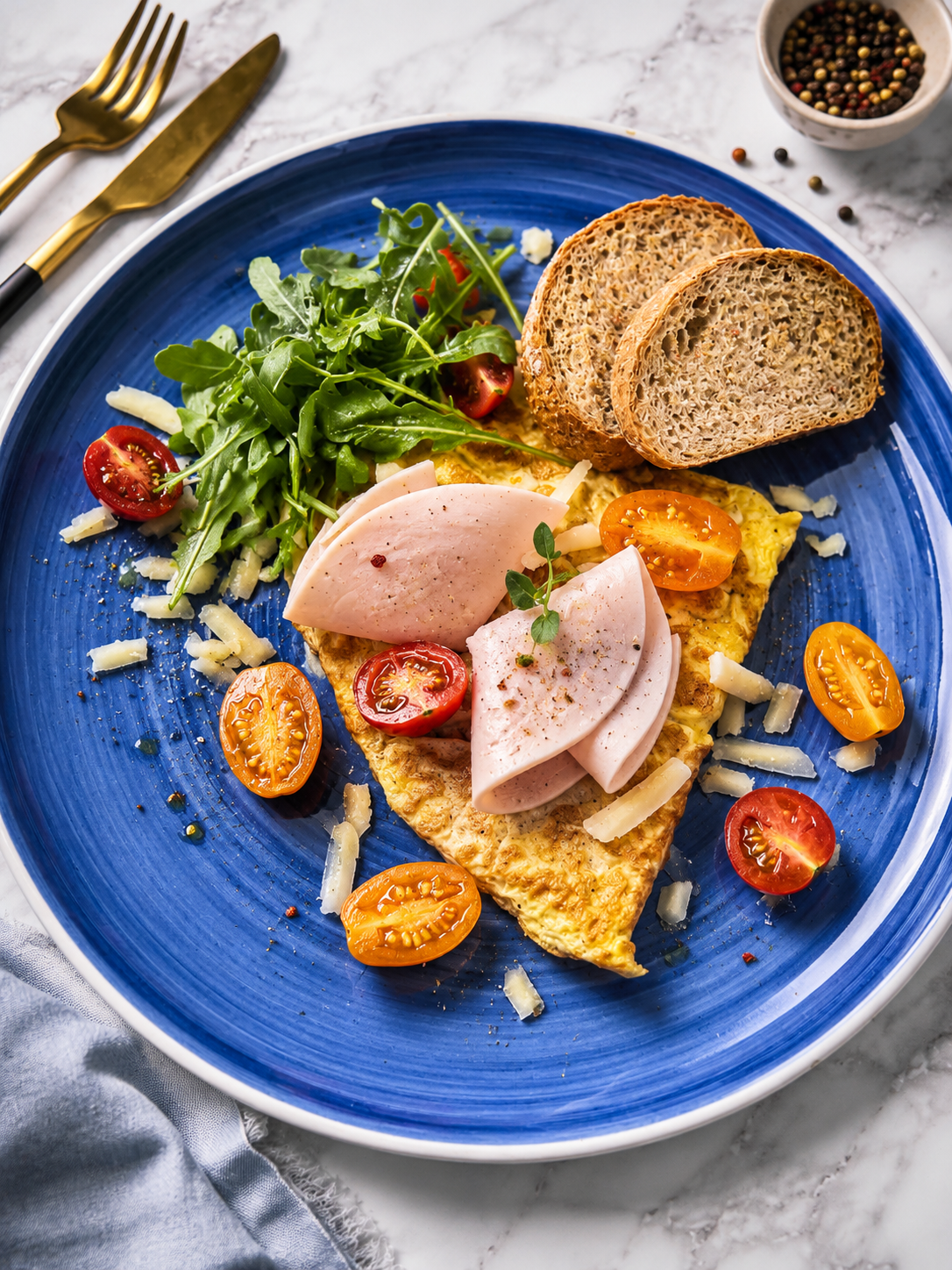 Maślany omlet francuski z serem Pecorino Romano i szynką drobiową / grahamka tost