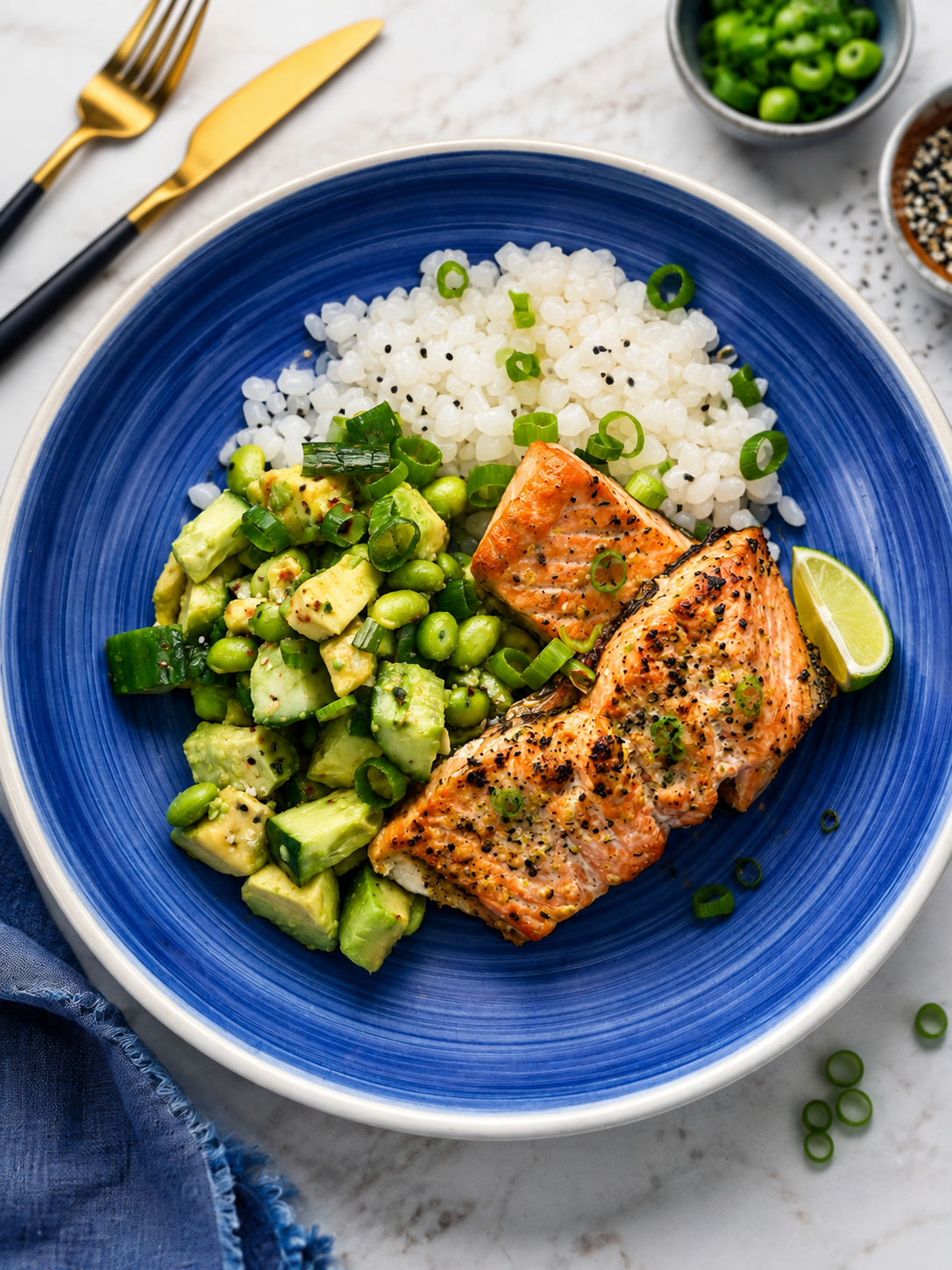 Bowl z łososiem, konjac, fasolką edamame i awokado