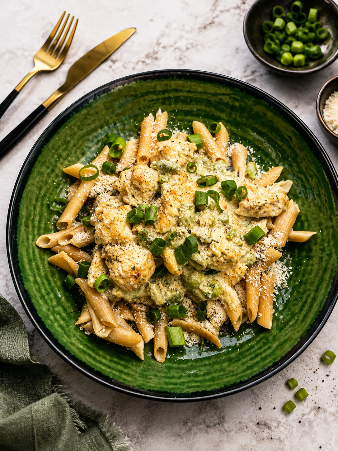 Kurczak w sosie na bazie skyru z pesto i bobem podany z makaronem z soczewicy