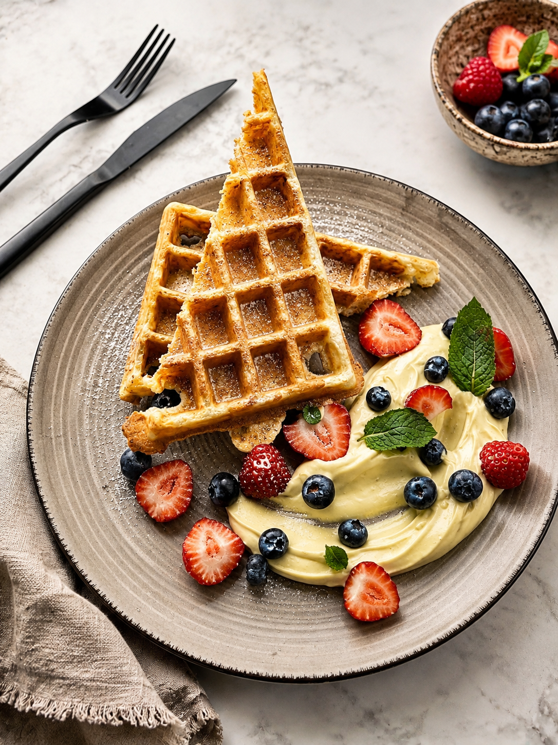 Gofry low carb na mące orkiszowej i serku grani podane ze skyrem pistacjowym, truskawkami i borówkami