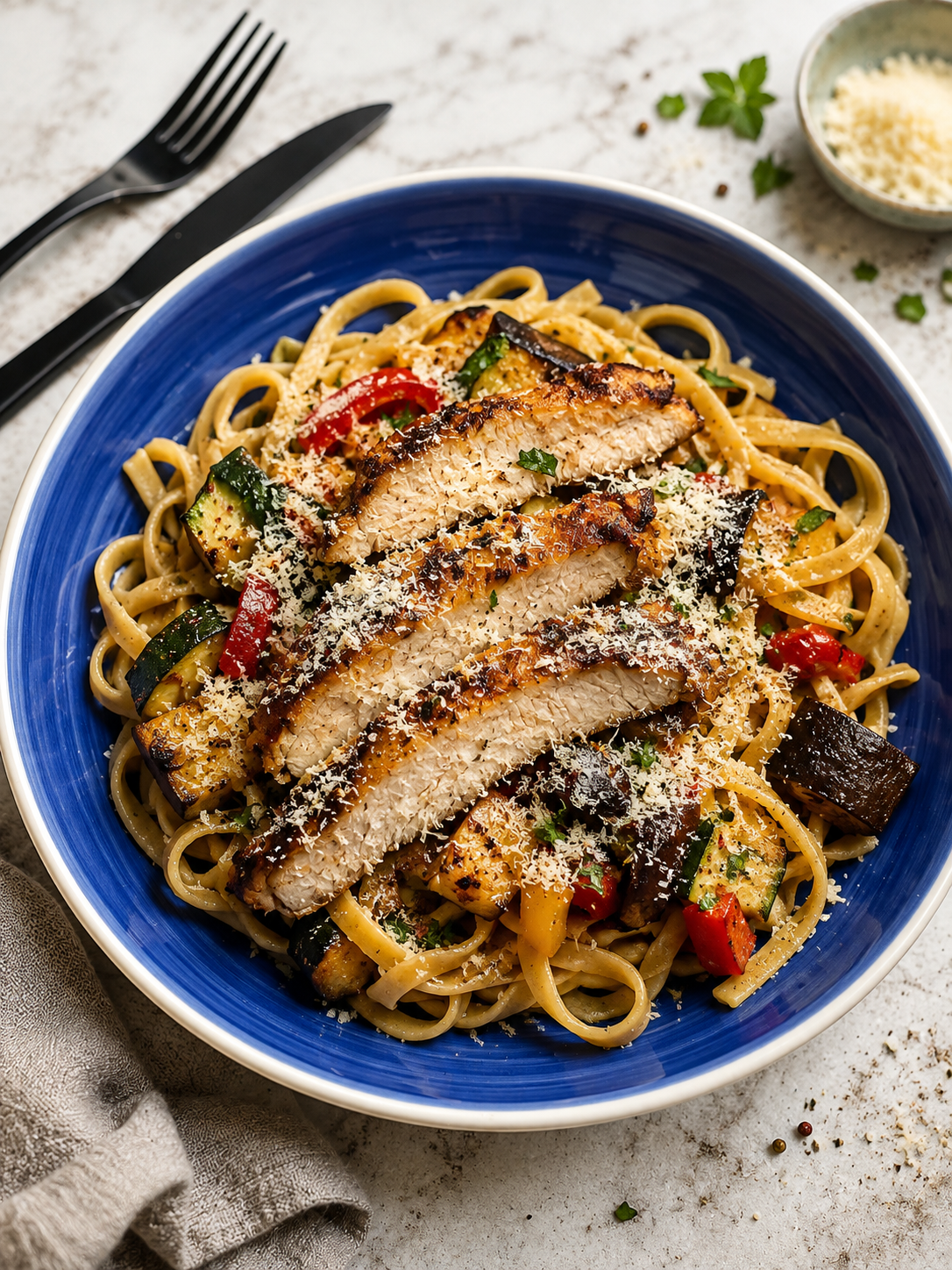 Indyk na ratatouille z bazyliowym parmezanem i tagliatelle pełoziarnistym