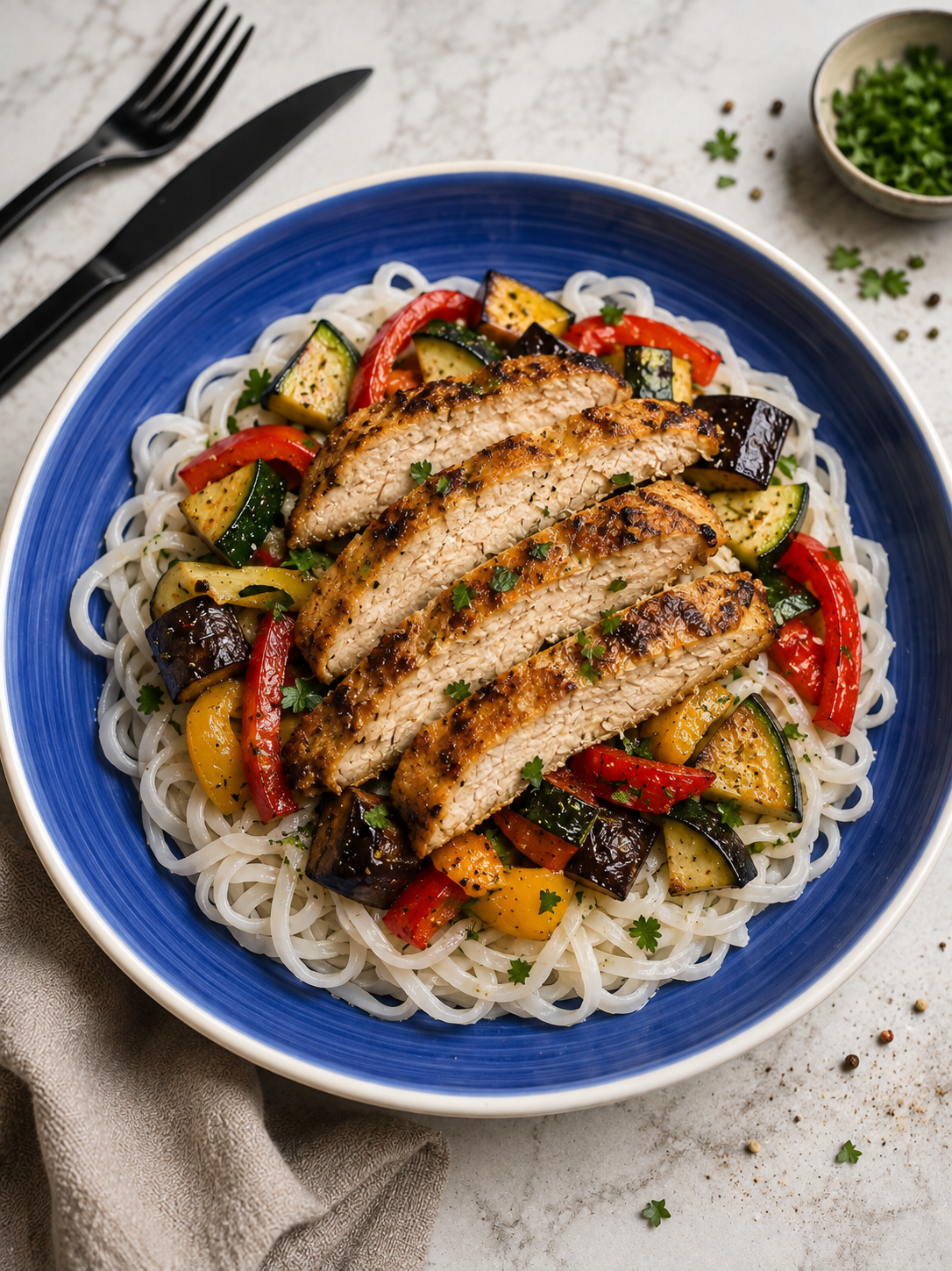 Indyk na ratatouille z makaronem ryżowym