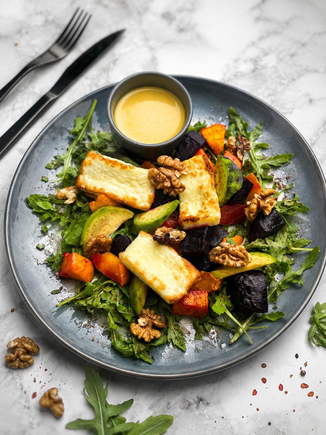 Sałatka z dynią, buraczkiem, halloumi, awokado i orzechami