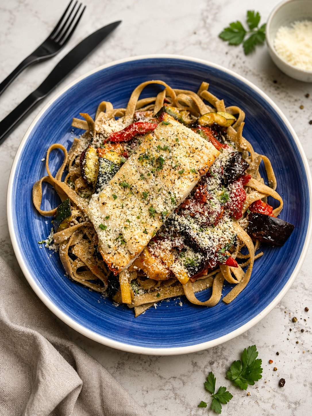 Indyk na ratatouille z bazyliowym parmezanem i tagliatelle pełoziarnistym EN