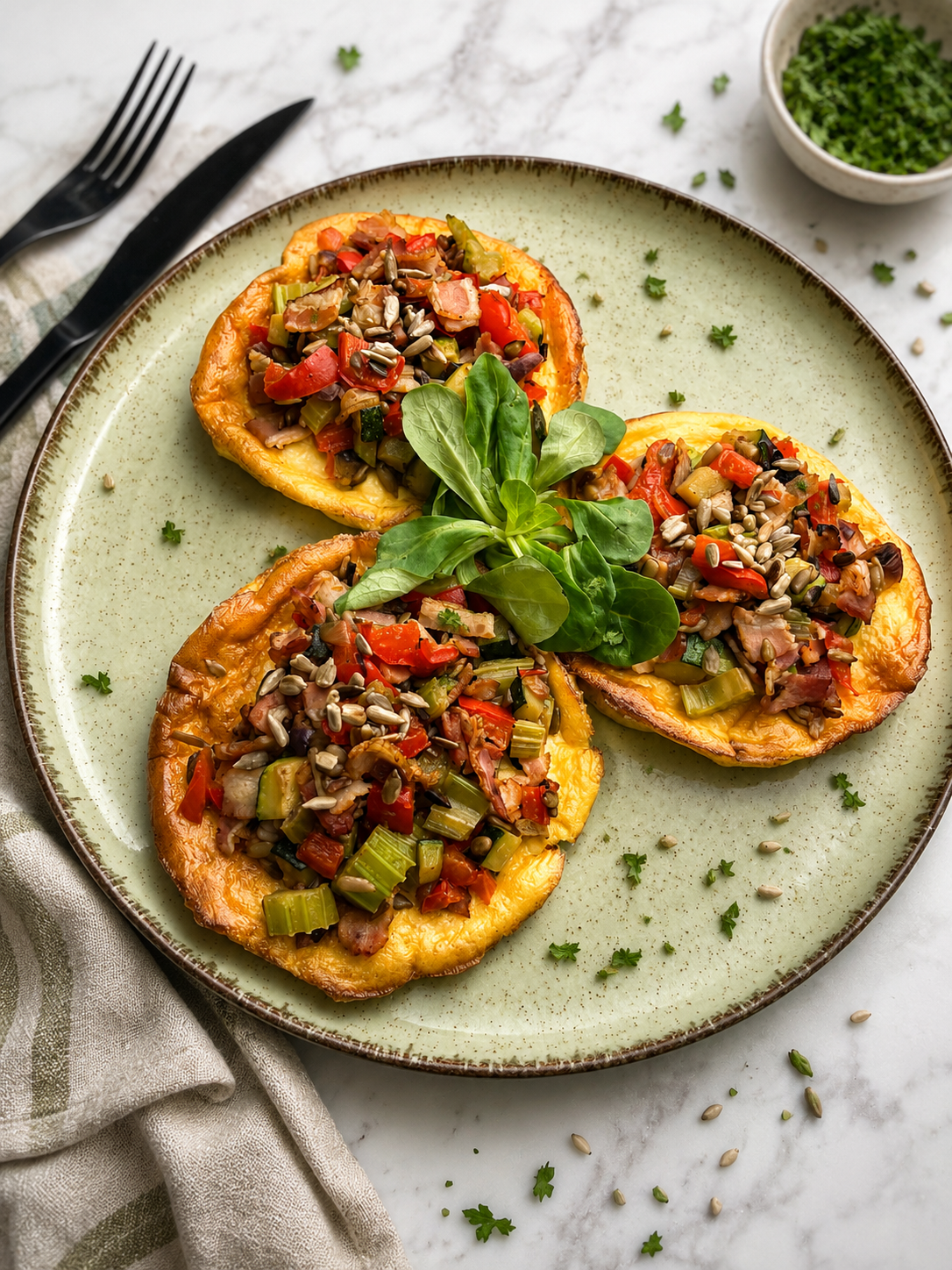 Keto sycący maślankowy omlet na słono z posypką warzywną