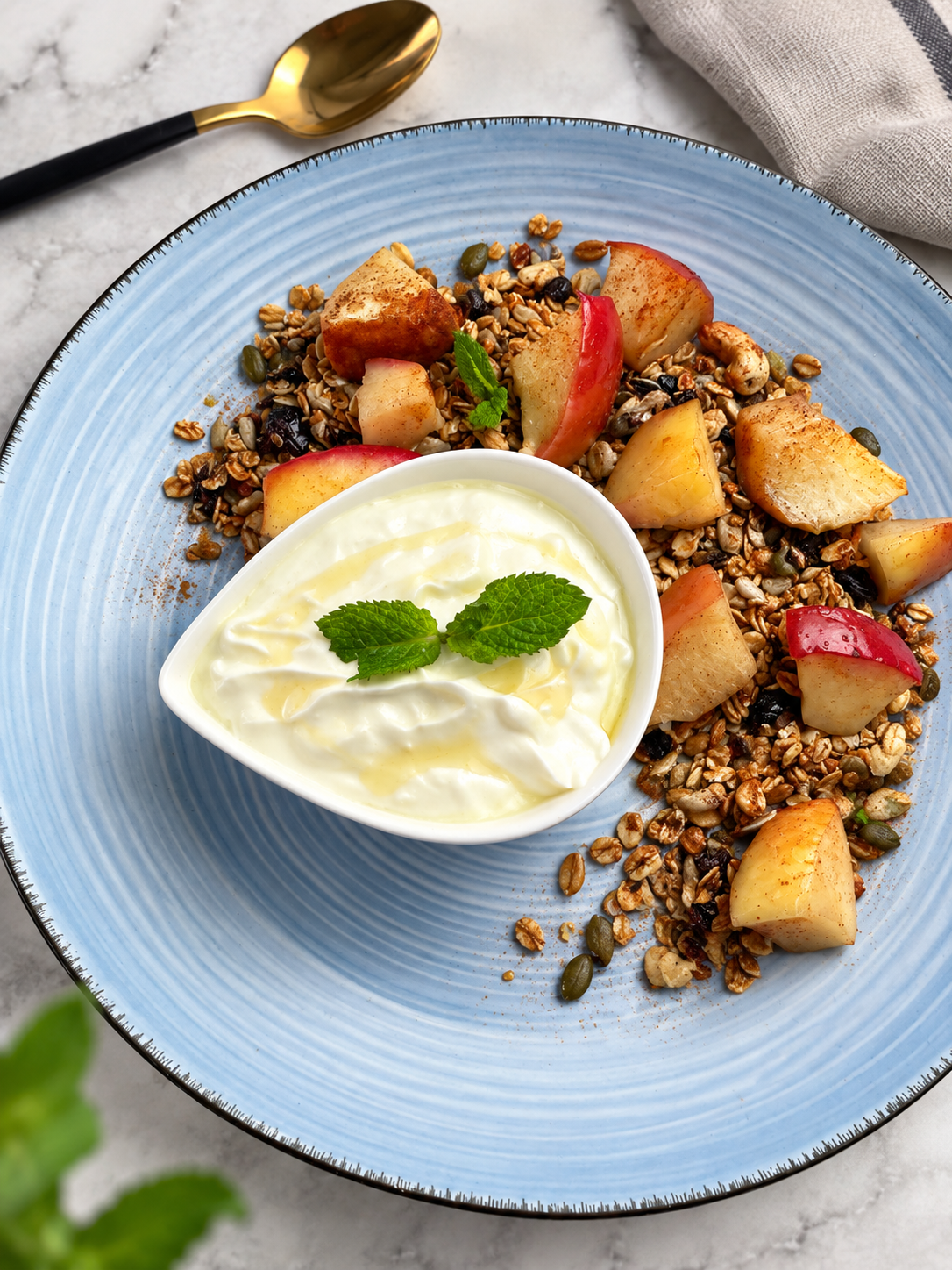 Piernikowa granola z prażonym jabłkiem i jogurtem roślinnym