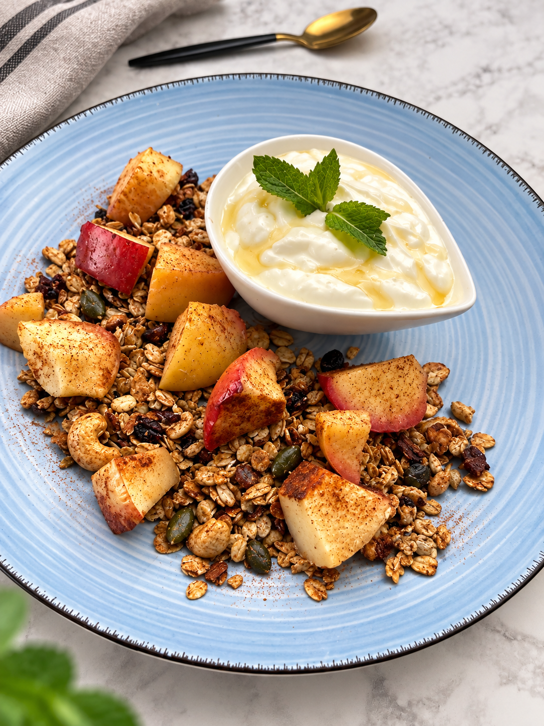 Piernikowa granola z prażonym jabłkiem i skyrem naturalnym