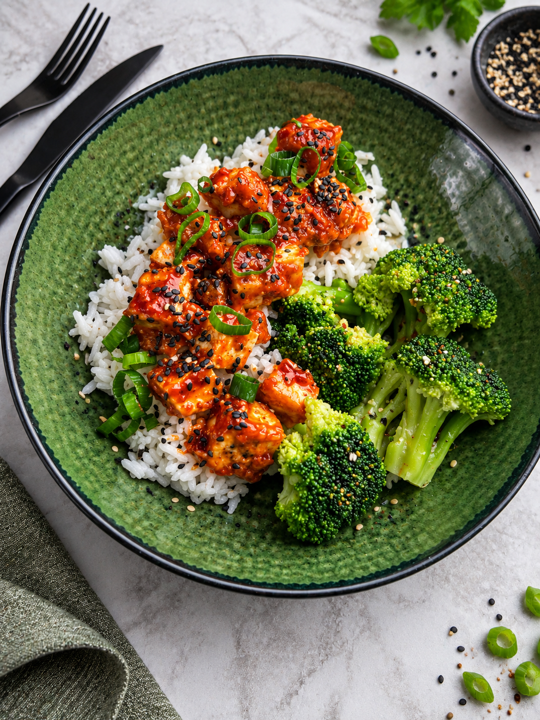 Tofu po koreańsku podany z ryżem jaśminowym i brokułem