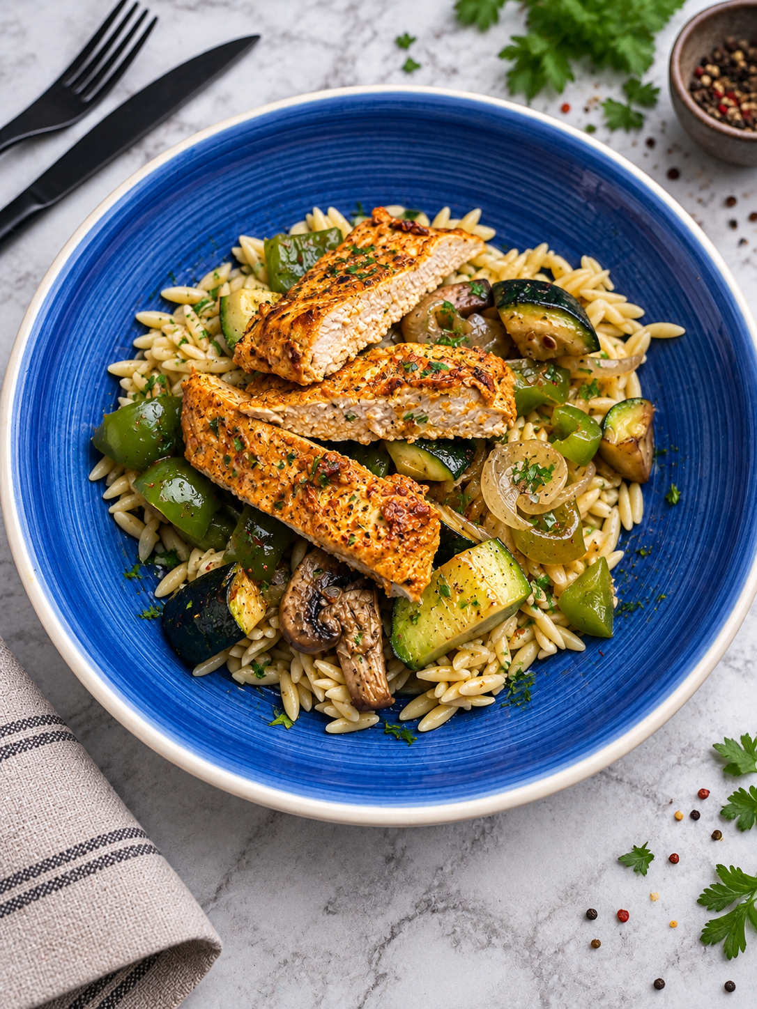 Filet z kurczaka w marynacie jogurtowej z makaronem orzo i zielonymi warzywami z grilla
