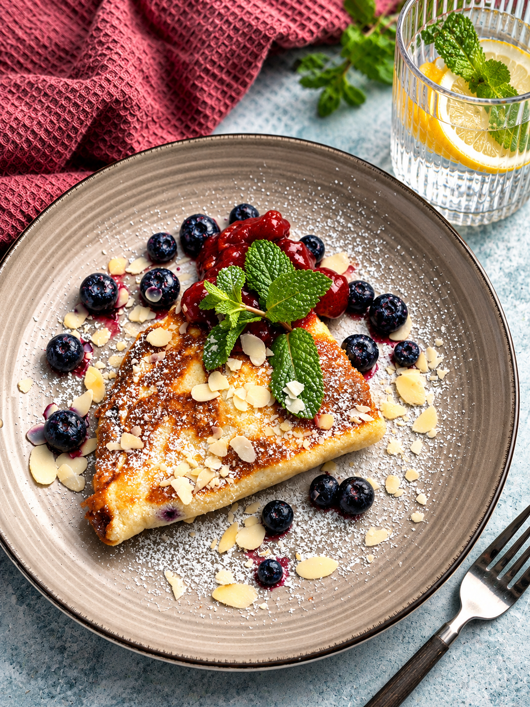 Omlet twarogowy z borówkami i owocami w żelu