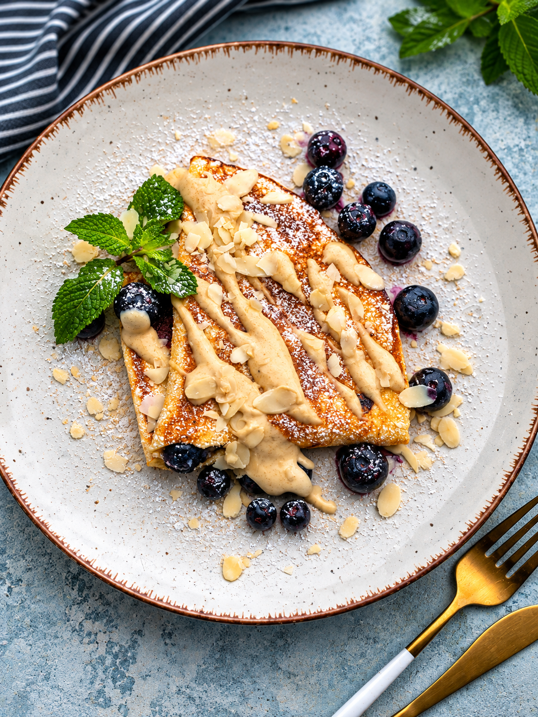 Omlet twarogowy z borówkami z mąką orkiszową i migdałową podany z pastą z nerkowców