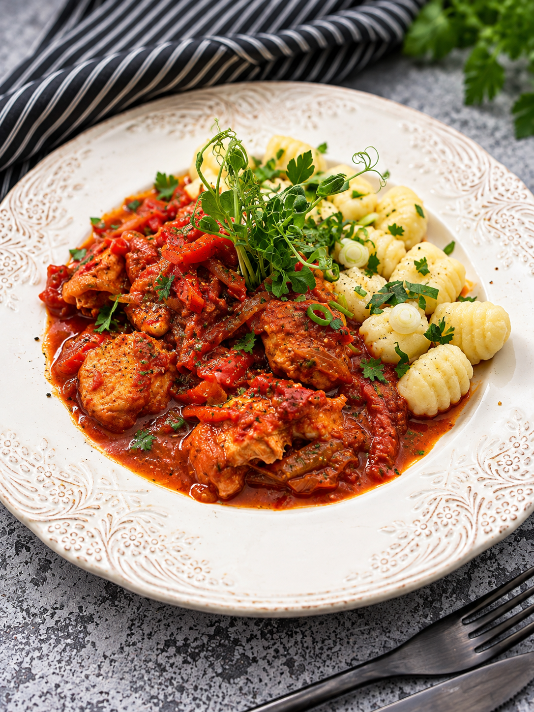 Kurczak w sosie paprykowym podany z gnocchi