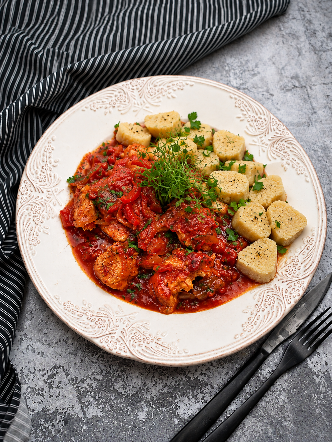 Kurczak w sosie paprykowym podany z ketogenicznym gnocchi