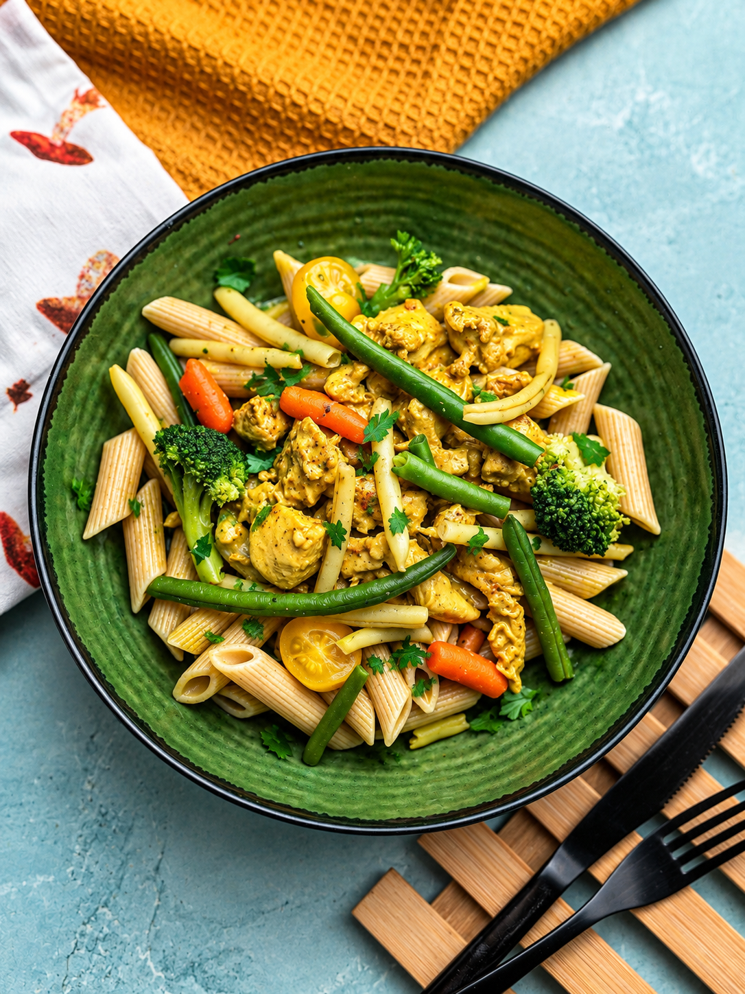 Kurczak curry podany z makaronem penne i warzywami