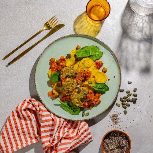 Medaliony z indyka z sosem pomidorowo- ogórkowym i pieczoną pietruszką