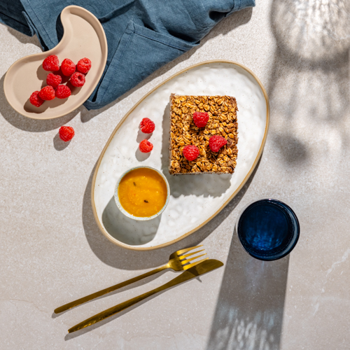 Pieczona owsianka a'la Brownie z musem brzoskwiniowym z rokitnikiem (może zawierać pestkę)