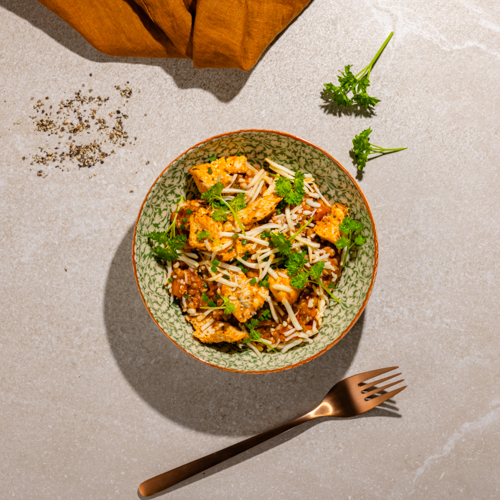 Kaszotto z indykiem, białą kapustą, pomidorami i koperkiem