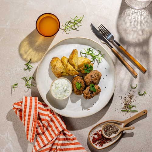 Kofta wołowa z tzatzikami i pieczonymi ziemniakami
