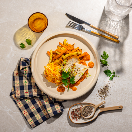 Indyk w sosie ajwar z pieczonymi warzywami i surówką