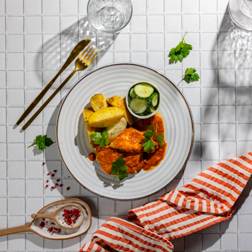 Bitki wieprzowe w sosie węgierskim z pieczonymi ziemniakami i mizerią bez laktozy